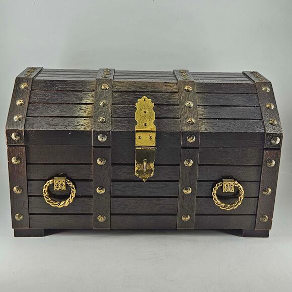 Vintage Wood Treasure Chest Trunk Jewelry Box Pirate Gothic Style velvet lnd 14" - Picture 1 of 6